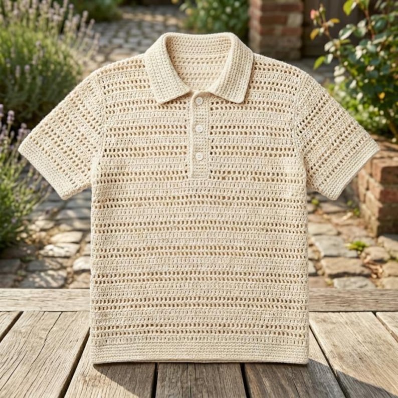 May include: A cream-coloured, short-sleeved polo shirt. The shirt is made of a crocheted fabric with a collared neckline and three buttons. The shirt is displayed on a wooden surface.