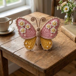 Könnte beinhalten: Ein handgefertigter Häkel-Schmetterling mit rosa und gelben Flügeln, verziert mit weißen Blumenapplikationen und Perlen. Der Schmetterling hat braune Fühler und steht auf einem Holztisch. Eine Tasse und Untertasse sind im Hintergrund zu sehen.