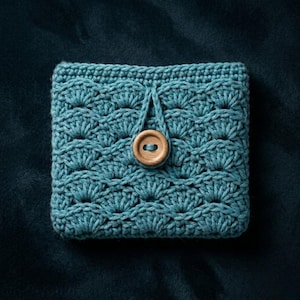 May include: A teal crocheted square pouch with a textured shell stitch pattern. The pouch is secured with a wooden button and loop closure. The handmade item is displayed on a dark teal background.