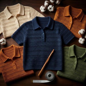 May include: Several handmade crochet polo shirts in cream, navy blue, orange, and olive green. Each shirt features a collared neckline and button closure. A wooden crochet hook and a measuring tape are also present.
