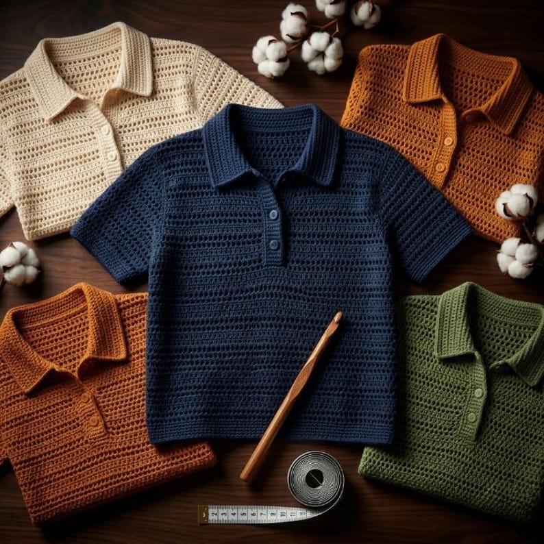 May include: Several handmade crochet polo shirts in cream, navy blue, orange, and olive green. Each shirt features a collared neckline and button closure. A wooden crochet hook and a measuring tape are also present.