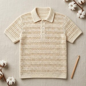May include: Cream-coloured, short-sleeved polo shirt. The shirt is made of a crocheted fabric with a collared neckline and three buttons. The shirt is displayed on a neutral background with cotton sprigs and a crochet hook.