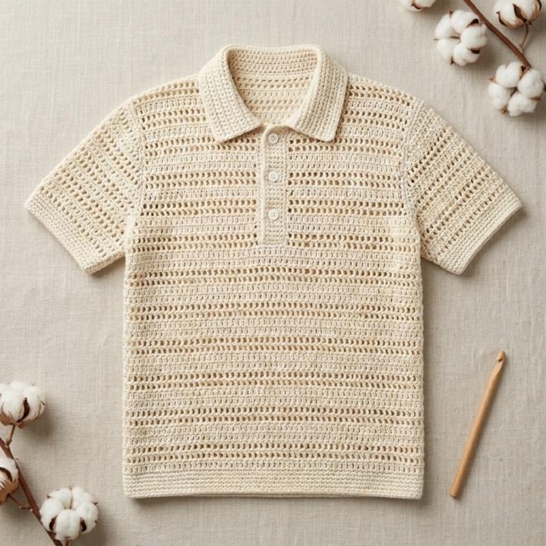 May include: Cream-coloured, short-sleeved polo shirt. The shirt is made of a crocheted fabric with a collared neckline and three buttons. The shirt is displayed on a neutral background with cotton sprigs and a crochet hook.
