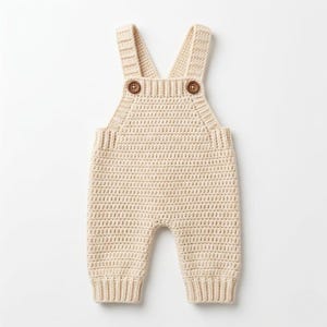 May include: Cream-colored, crocheted baby overalls with adjustable straps and wooden buttons. The handmade garment features a textured stitch pattern and ribbed cuffs at the ankles. A cozy and stylish outfit for a newborn or infant.
