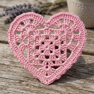May include: A pink crocheted heart-shaped coaster with an openwork design. The coaster is made of soft yarn and has a detailed pattern. The heart is placed on a rustic wooden surface, suggesting a handmade craft item.
