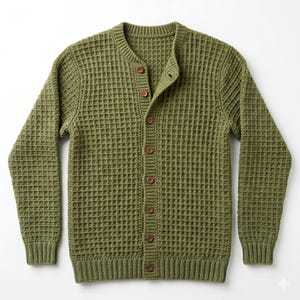 May include: Olive green waffle-knit cardigan with a crew neck and long sleeves. The button-down sweater features seven brown buttons and ribbed cuffs and hem. The textured knitwear is displayed on a white background.