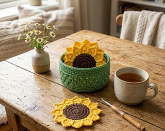 Sunflower Coaster and Basket Crochet Pattern | Easy Flower Coaster Set PDF