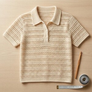 May include: A cream-coloured, short-sleeved crochet polo shirt with a collared neckline and three buttons. A wooden crochet hook, measuring tape, and a tape measure are next to the shirt. The shirt is made of a light, airy material.