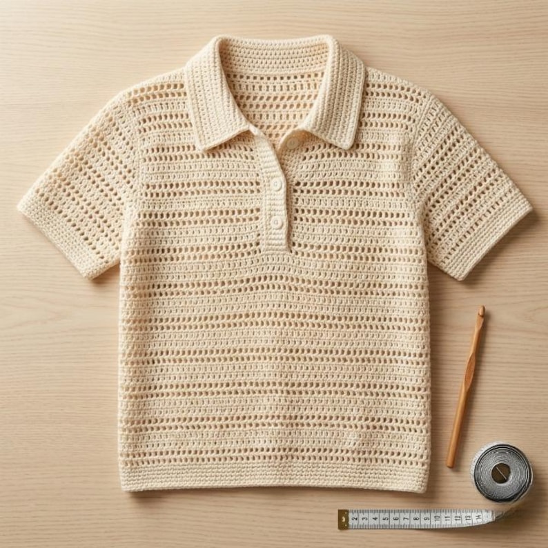May include: A cream-coloured, short-sleeved crochet polo shirt with a collared neckline and three buttons. A wooden crochet hook, measuring tape, and a tape measure are next to the shirt. The shirt is made of a light, airy material.