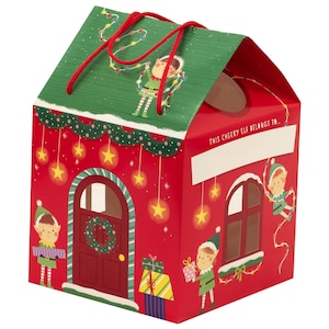May include: A red and green cardboard gift box shaped like a house with red rope handles. The box features illustrations of elves, Christmas lights, and a wreath on the door. The text reads, This cheeky elf belongs to, with a blank space.