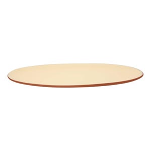 May include: An oval-shaped serving platter with a smooth, cream-coloured interior surface and a contrasting dark reddish-brown rim. The platter features a low-profile design with a wide, flat base and slightly raised edges, presented against a white background.