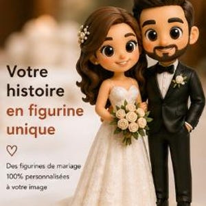 Peut inclure: Figurine de gâteau de mariage représentant une mariée en robe blanche et un marié en smoking noir. La mariée tient un bouquet, et le marié a une barbe. Le texte sur l'image est "Votre histoire en figurine unique" et "Des figurines de mariage 100% personnalisées à votre image."