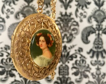 vintage Portrait Medaillon, die Hüterin der Geheimnisse - 70er Jahre Halskette, Victorian Lady, Andenken, 1970er doppelseitiges Bild / Fotomedaillon, Memento