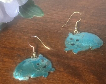 die Cloisonné Cats - vintage 80er Jahre Ohrringe - türkis blau, emailliert, boho chic, Crazy Cat Lady