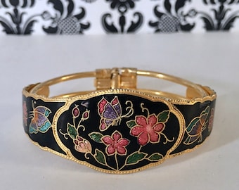 dunkel geblümtes, 1980er Gold + Cloisonné Armband - schwarz + lila + rosa + Blumen + SCHMETTERLINGE - vintage 80er Moden