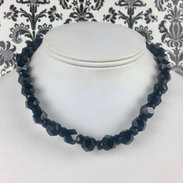 dark sparkles, vintage 1950s black glass, faceted crystal beaded choker necklace - 50s cocktail party,  statement piece, noir, prom, bridal