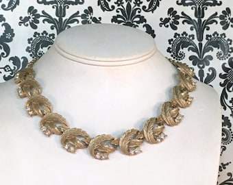 goldene Lorbeeren, vintage 1950er GoldBLATT Cocktail Halskette - schillernde Strasssteine, mid century, formelle Party, verstellbarer Choker, 13 - 18 in
