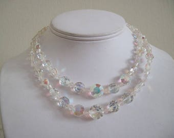 double stranded ice, vintage 1960s Cocktail Party Necklace, 16 to 18 inches - crystal, iridescent, Aurora Borealis, glass, beaded, faceted