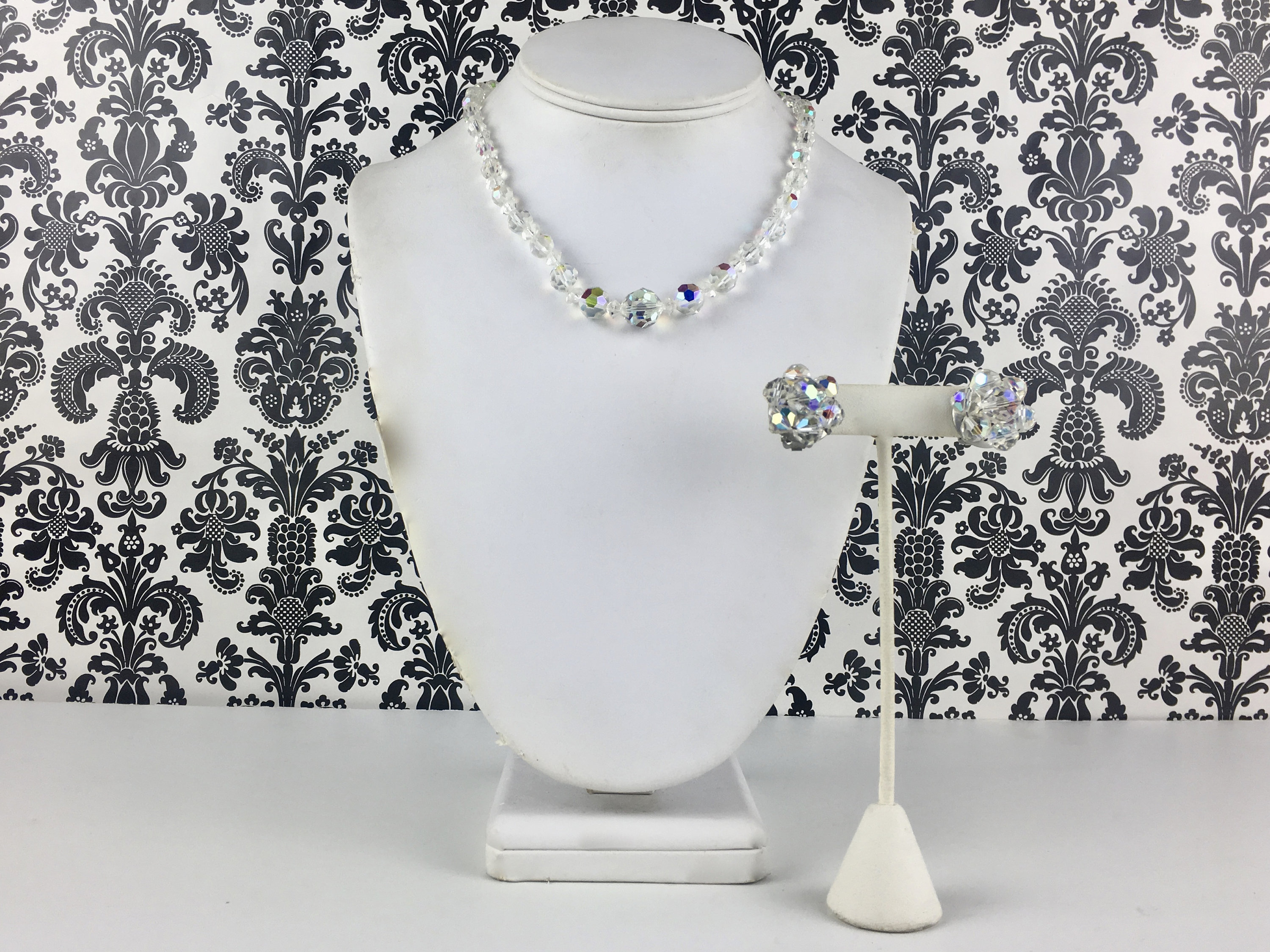vintage 1950er Jahre Funkelnde Kristall Cocktail Halskette und Ohrringe - mid century, demi Parure, Trachtenschmuck Set, etwas Altes