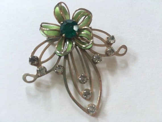 something green, vintage 1950s rhinestone floral … - image 2