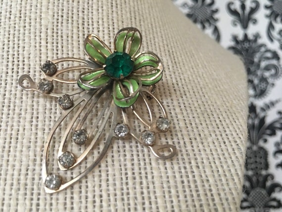 something green, vintage 1950s rhinestone floral … - image 1