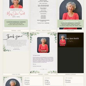 May include: A non-faith botanical memorial bundle with eight items. The design includes a photo of a woman, floral accents, and text such as "Celebration of Life" and "Mary Jane Smith". Includes a program, thank you card, and digital invite.