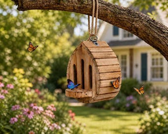 Wooden Butterfly Shelter, Hanging Garden Butterfly House, Outdoor Pollinator Habitat for Yard Patio