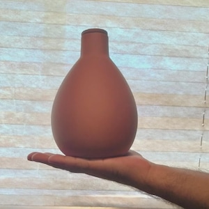 May include: A terracotta-colored vase with a rounded body and a narrow neck. The vase is held in a person's hand, showcasing its smooth, matte finish. The background features a window with horizontal blinds.