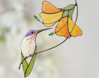Hummingbird stained glass sun catcher Grandma gifts Flower stained glass window hangings Unique gift for mom
