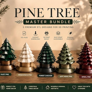 Pode incluir: Imagem de cinco modelos decorativos de pinheiros em várias cores, incluindo verde, branco e vermelho. Cada árvore assenta numa base metálica. O texto "PINE TREE MASTER BUNDLE" é exibido no topo, com texto indicando designs de impressão 3D.