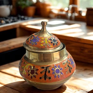 May include: A decorative brass jar with a lid, featuring an orange band with floral designs in purple, yellow, and maroon. The jar sits on a wooden surface, with natural light illuminating the details.