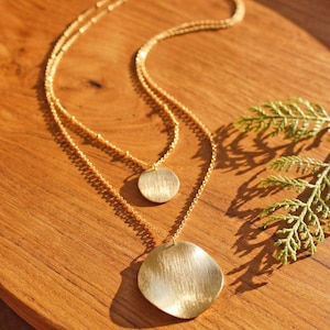 Könnte beinhalten: Eine goldfarbene Halskette mit zwei Anhängern. Der obere Anhänger ist eine kleine, runde Scheibe, und der untere Anhänger ist eine größere, quadratisch geformte Scheibe. Die Halskette wird auf einer Holzoberfläche mit einem Zweig Grünzeug präsentiert.