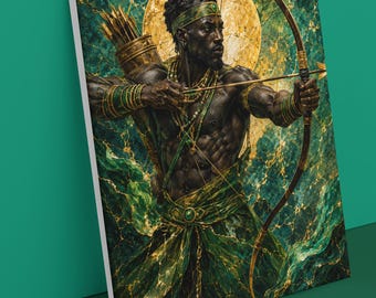 Op de afbeelding: Een rechthoekige wandkunstprint met een donkerhuidige boogschutter die een boog spant. De figuur draagt groene en gouden sieraden, een hoofdband en een groene wikkeldoek. Een grote gouden cirkelvormige halo bevindt zich achter het hoofd tegen een gemarmerde groene achtergrond.