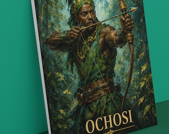 Op de afbeelding: Een rechthoekige wandkunstprint met een donkerhuidige boogschutter in groene kleding die met een houten boog en pijl richt in een dicht bos. De figuur draagt een groene hoofddoek en een kralenketting. Het woord OCHOSI staat in goud onderaan.