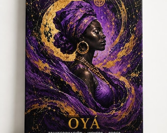 Op de afbeelding: Een rechthoekige canvasprint met een profielportret van een persoon met een paarse hoofddoek en gouden sieraden tegen een wervelende paarse en gouden achtergrond. De tekst OYÁ TRANSFORMACIÓN • VIENTOS • PODER staat onderaan in goud gedrukt.
