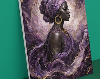 Op de afbeelding: Een rechthoekige canvasprint met een profielportret van een persoon met een donkere huidskleur, gekleed in een paarse hoofddoek en bijpassende gedrapeerde kleding. De achtergrond toont wervelende paarse en gouden marmertexturen met een dunne gouden cirkel.