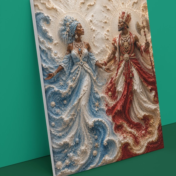 YEMAYA Y CHANGO Premium 3D Relief Religious Canvas | Visual Textured Spiritual Wall Art | Ready to Hang | Christian & Yoruba Home Decor