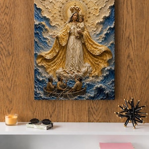 VIRGEN de CARIDAD del cobre Premium 3D Relief Religious Canvas  | Visual Textured Spiritual Wall Art | Ready to Hang | Home Decor
