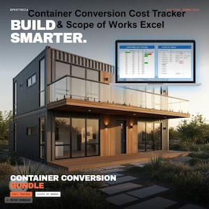 Pode incluir: Uma casa moderna de dois andares construída a partir de contêineres de transporte. O exterior apresenta revestimento metálico cinza escuro, detalhes em madeira e grandes janelas de vidro. Um laptop exibe uma planilha. Texto: "Container Conversion Bundle".