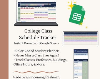 College Class Schedule Tracker | Google Sheets Color-Coded Student Planner with Professor Contacts & Office Hours