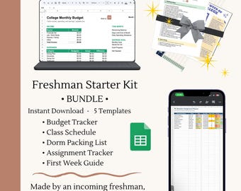 College Freshman Bundle | Dorm Budget, Class Schedule, Assignment Tracker, Packing Checklist, First Week Tasks
