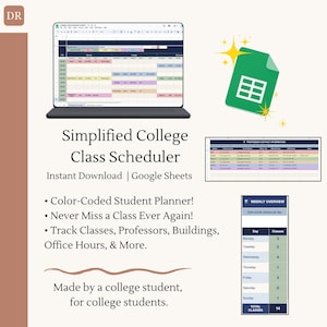 Puede incluir: Un planificador de clases universitarias digital que se muestra en la pantalla de una computadora portátil. La imagen incluye un icono verde de Google Sheets y una tabla de resumen semanal. El texto dice "Simplified College Class Scheduler".