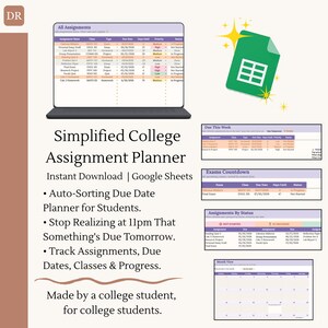 May include: A digital college assignment planner displayed on a laptop screen, with a green document icon and text that reads "Simplified College Assignment Planner." The planner includes sections for assignments, due dates, and progress tracking.