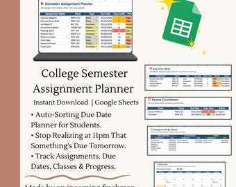 College Assignment Planner | Google Sheets Semester Tracker with Due Dates | Student Homework Organizer
