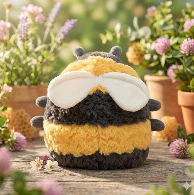 May include: A plush bumblebee toy with a soft, textured design. The toy features black and yellow stripes, white wings, and small gray antennae. The bumblebee is sitting on a wooden surface, with flowers and plants in the background.