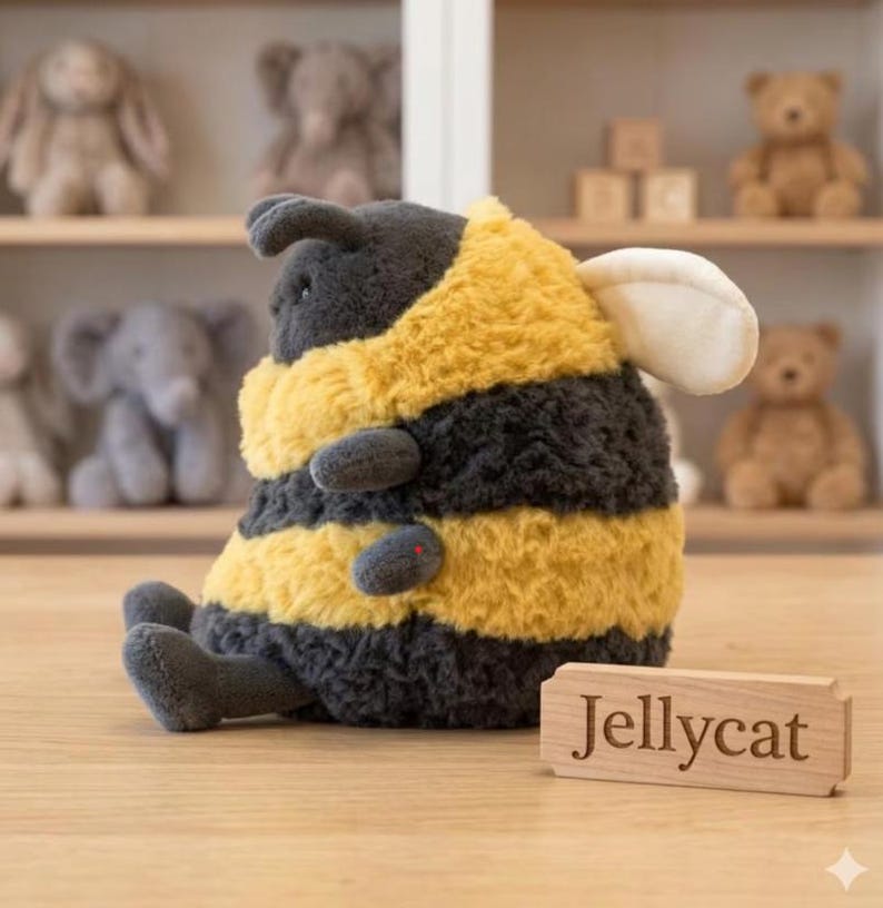 May include: A plush bumblebee toy with black and yellow stripes, gray antennae, and a small red detail. The toy has a soft, textured appearance and is sitting on a wooden surface. A wooden sign with the word "Jellycat" is in front of the toy.