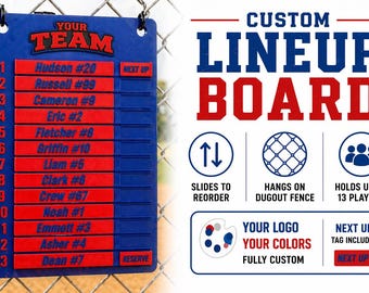 Team Lineup Batting Order Board with Team Logo | Personalized Dugout Batting Order Board | Fence Hanging Coach Board