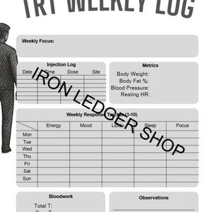 Puede incluir: Una hoja imprimible TRT Weekly Log en blanco y negro. La hoja incluye secciones para registros de inyección, métricas, seguimiento de respuesta semanal, análisis de sangre y observaciones. El texto "IRON LEDGER SHOP" está marcado al agua en la imagen.