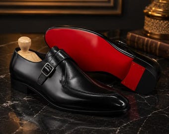 Christian Louboutin Handmade Men's Genuine Black Leather Business Monk Strap Red Sole Party Shoes