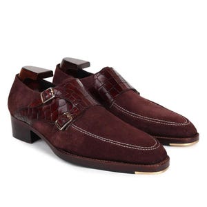 Burgundy suede double monk strap shoes, crocodile embossed, dress loafers